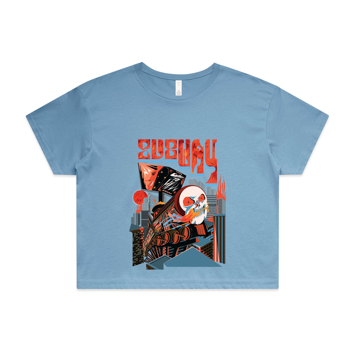 Carolina Blue crop top with Subway Goes To Hell graphic by Lonely Kids Club