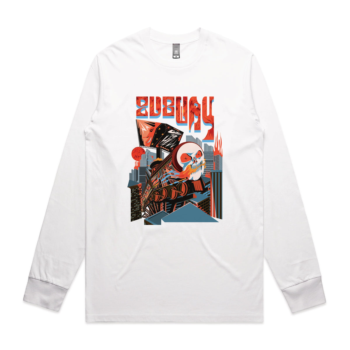 White long sleeve t-shirt with Subway Goes To Hell graphic by Lonely Kids Club