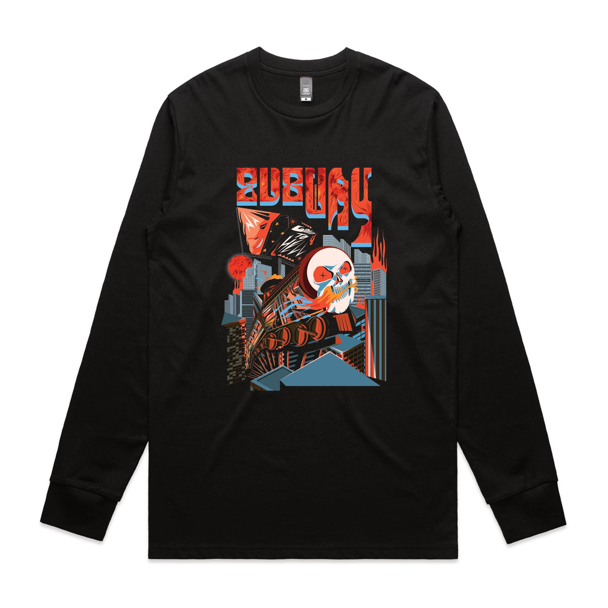 Black long sleeve t-shirt with Subway Goes To Hell graphic by Lonely Kids Club