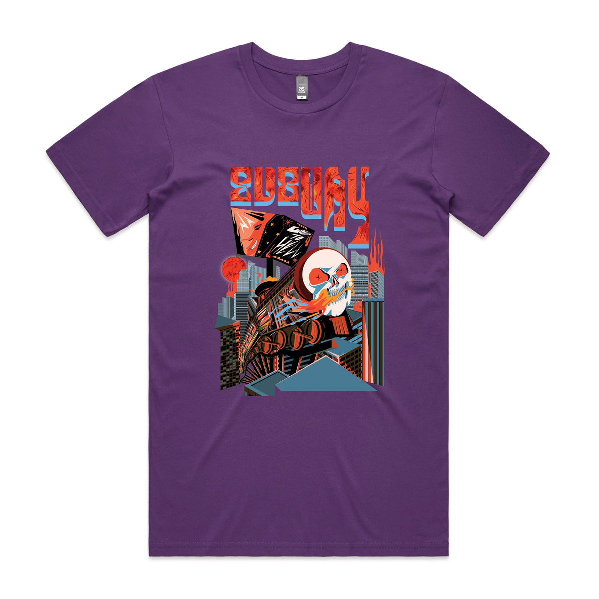 Purple unisex t-shirt with Subway Goes To Hell graphic by Lonely Kids Club