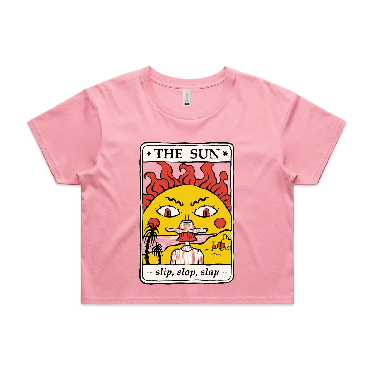 Bubblegum crop top with The Sun Tarot graphic by Lonely Kids Club