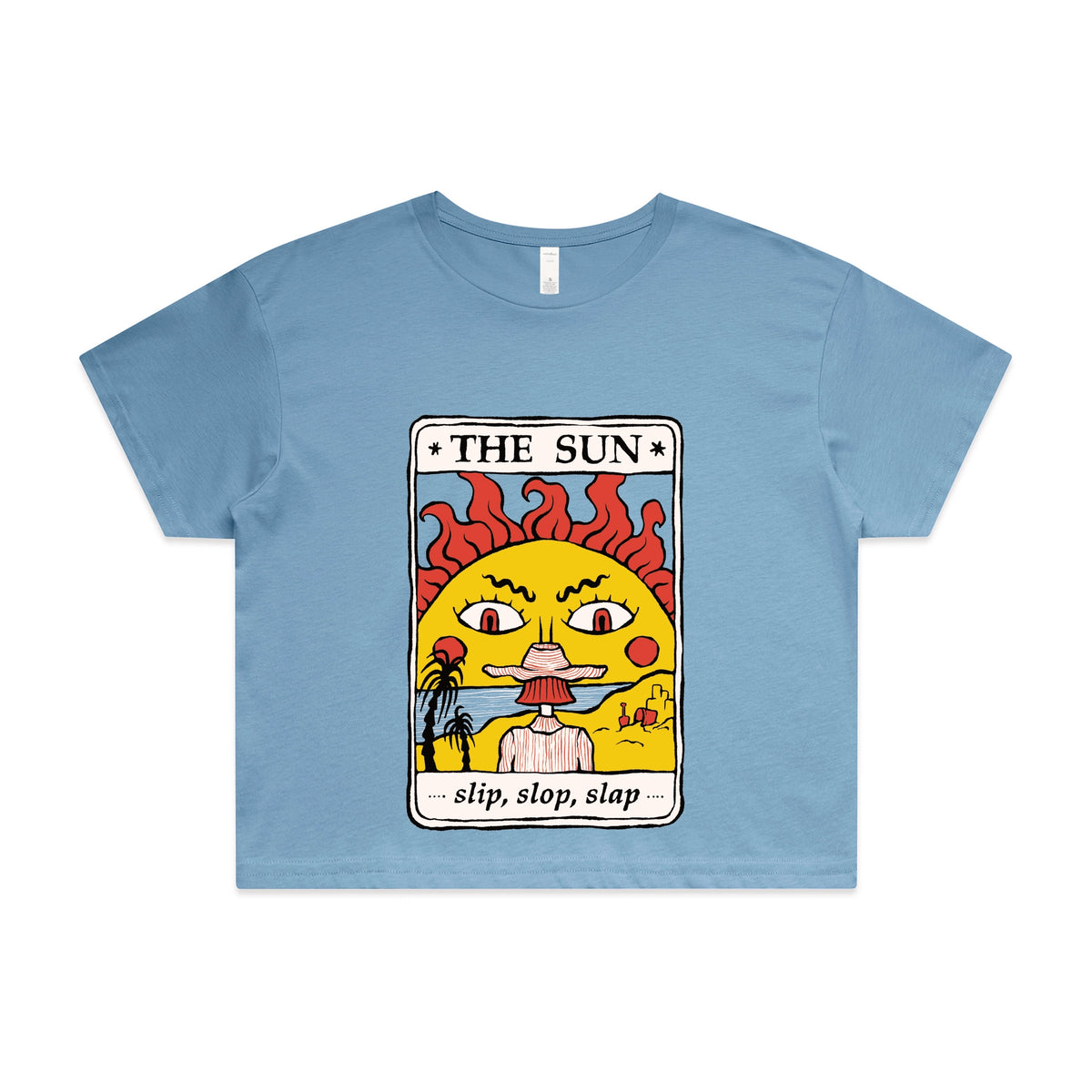 Carolina Blue crop top with The Sun Tarot graphic by Lonely Kids Club