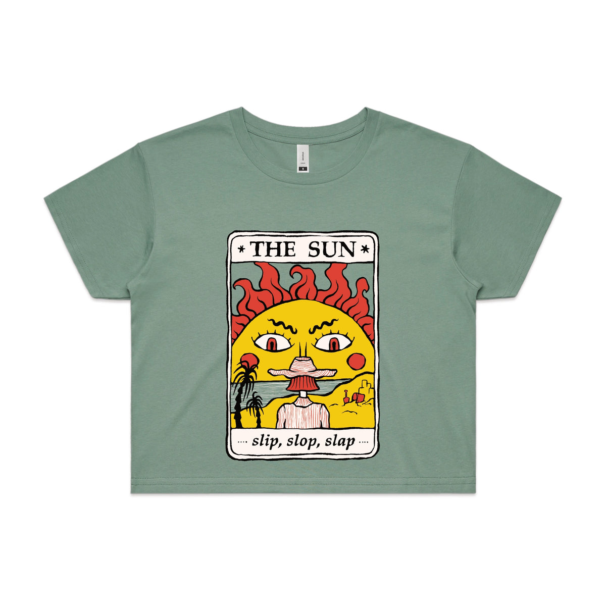 Sage crop top with The Sun Tarot graphic by Lonely Kids Club