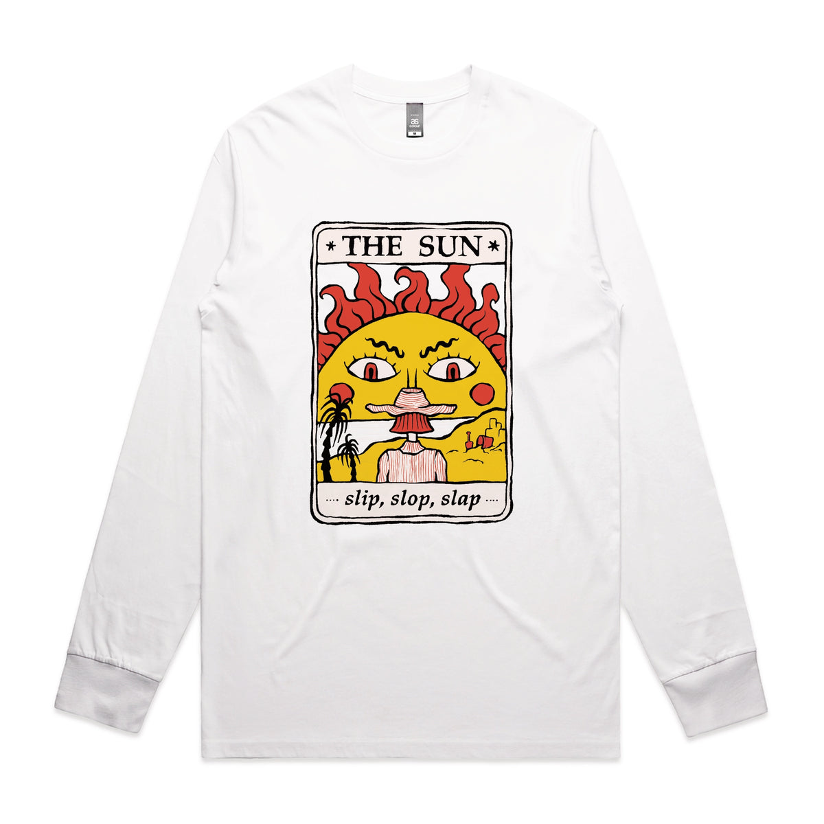 White long sleeve t-shirt with The Sun Tarot graphic by Lonely Kids Club