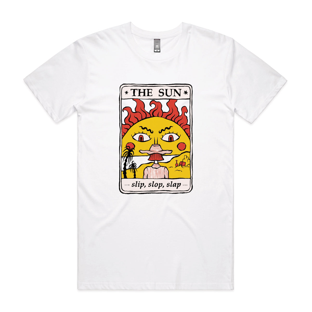 White unisex t-shirt with The Sun Tarot graphic by Lonely Kids Club