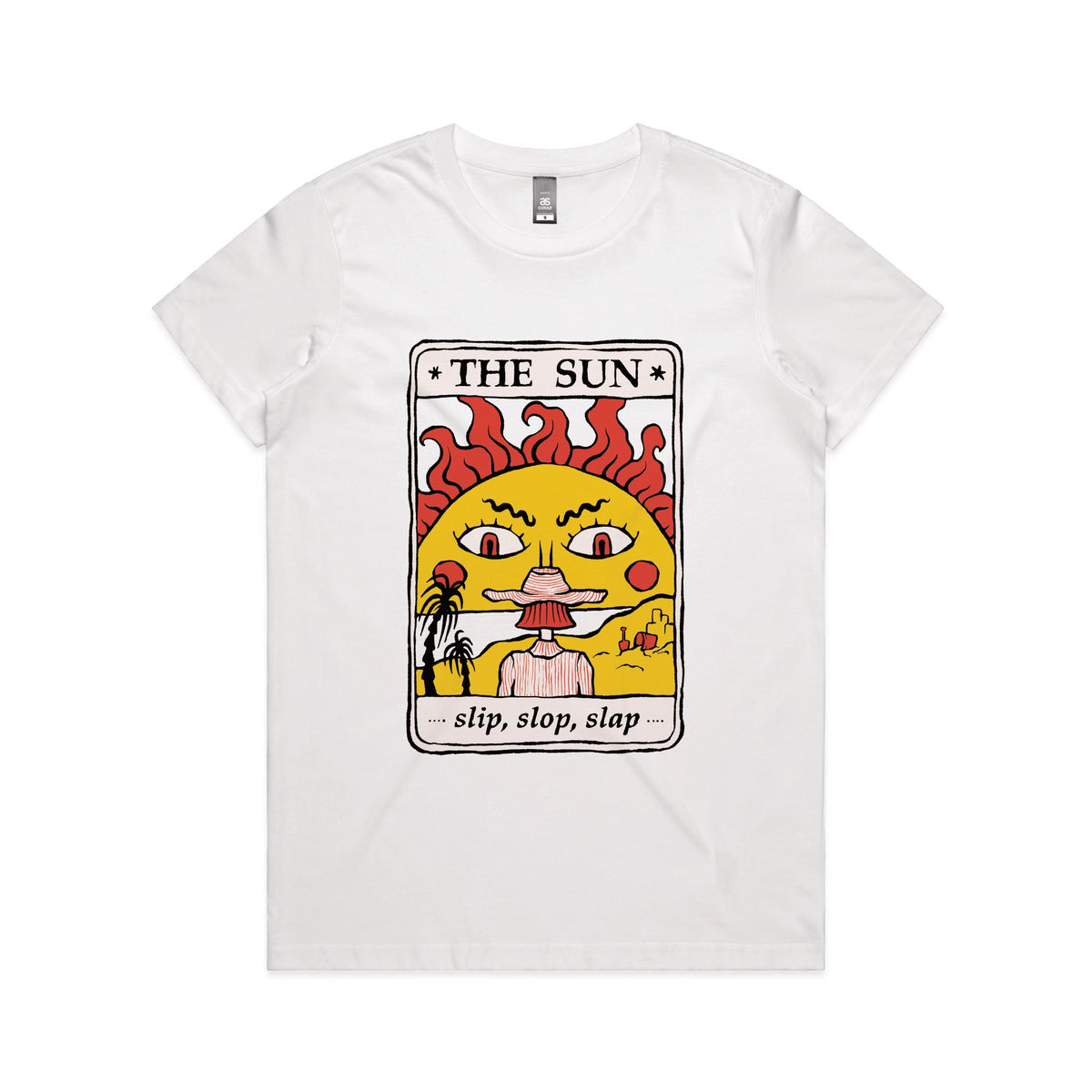 White fitted womens t-shirt with The Sun Tarot graphic by Lonely Kids Club