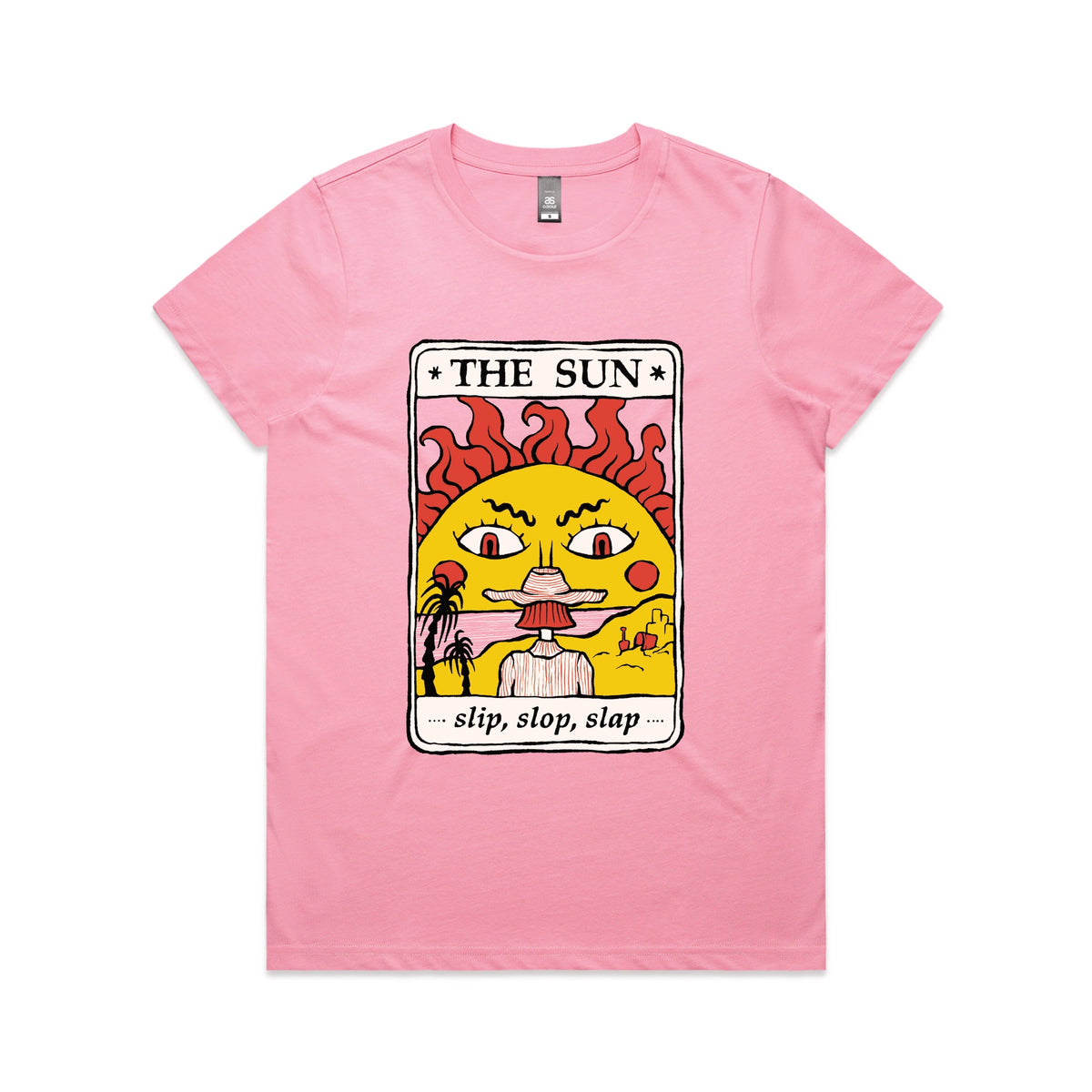 Bubblegum fitted womens t-shirt with The Sun Tarot graphic by Lonely Kids Club