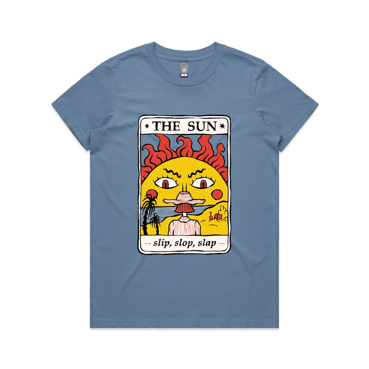 Carolina Blue fitted womens t-shirt with The Sun Tarot graphic by Lonely Kids Club