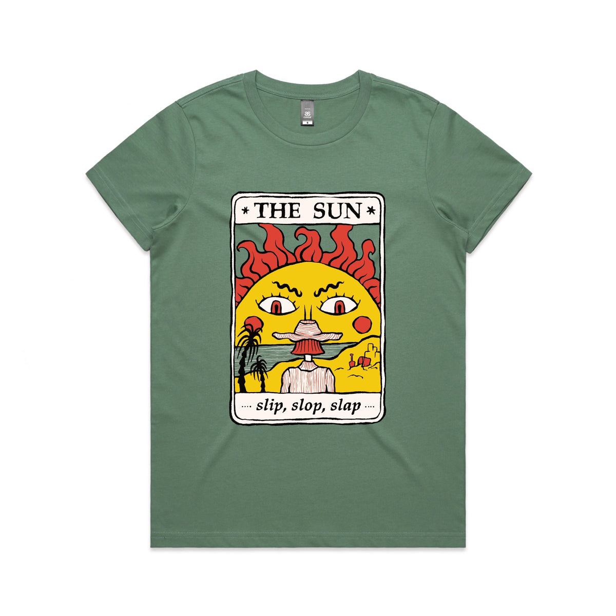 Sage fitted womens t-shirt with The Sun Tarot graphic by Lonely Kids Club