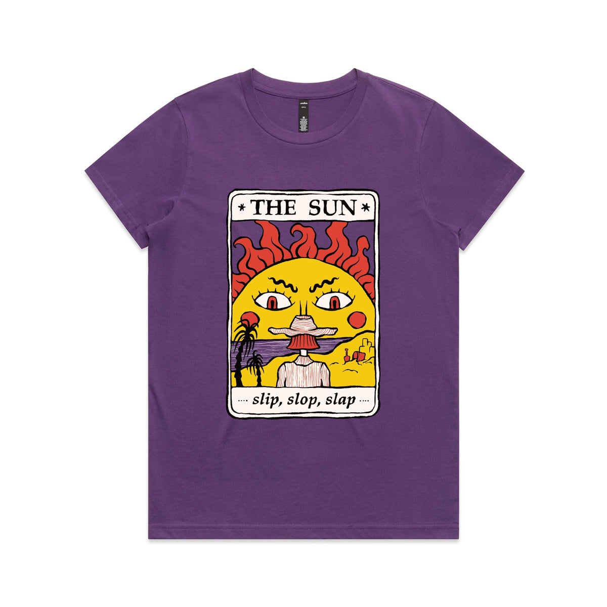Purple fitted womens t-shirt with The Sun Tarot graphic by Lonely Kids Club