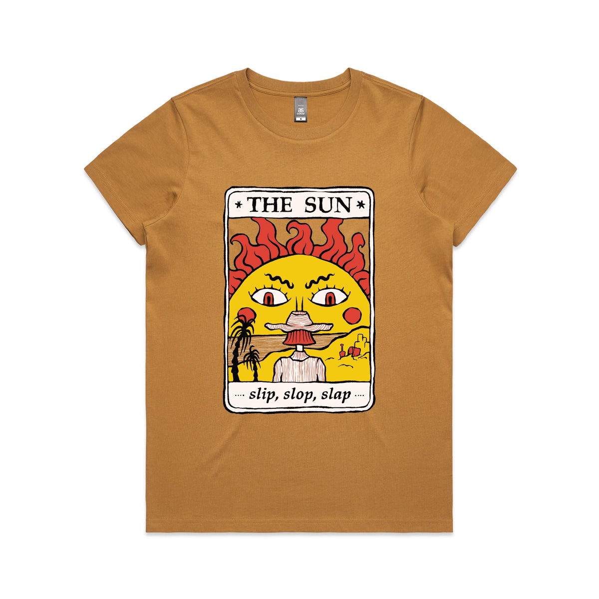 Camel fitted womens t-shirt with The Sun Tarot graphic by Lonely Kids Club