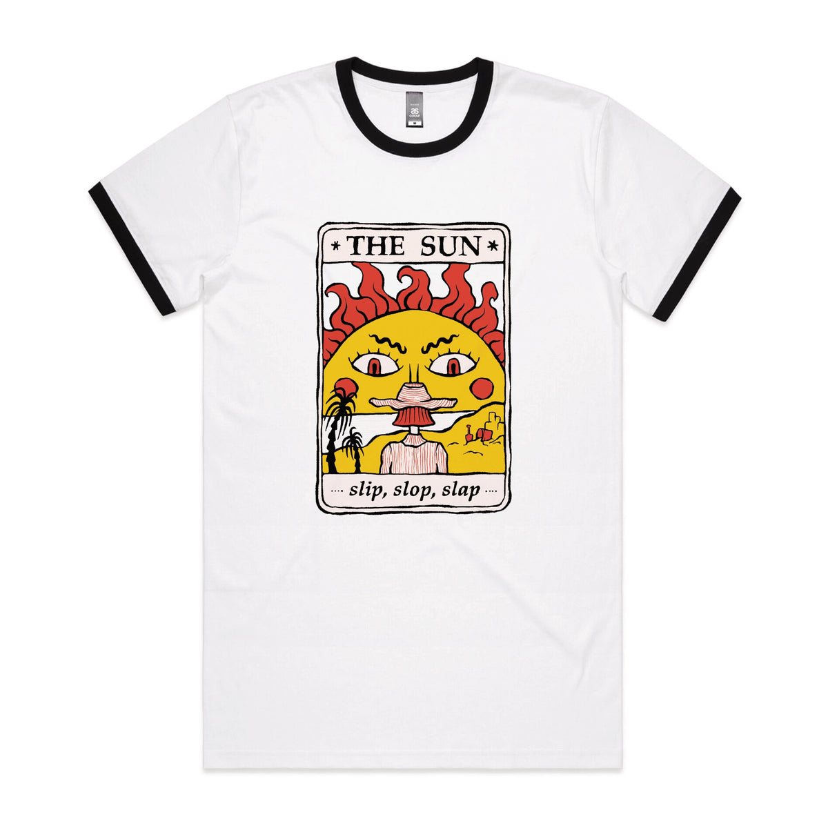 Black/White Ringer unisex t-shirt with The Sun Tarot graphic by Lonely Kids Club