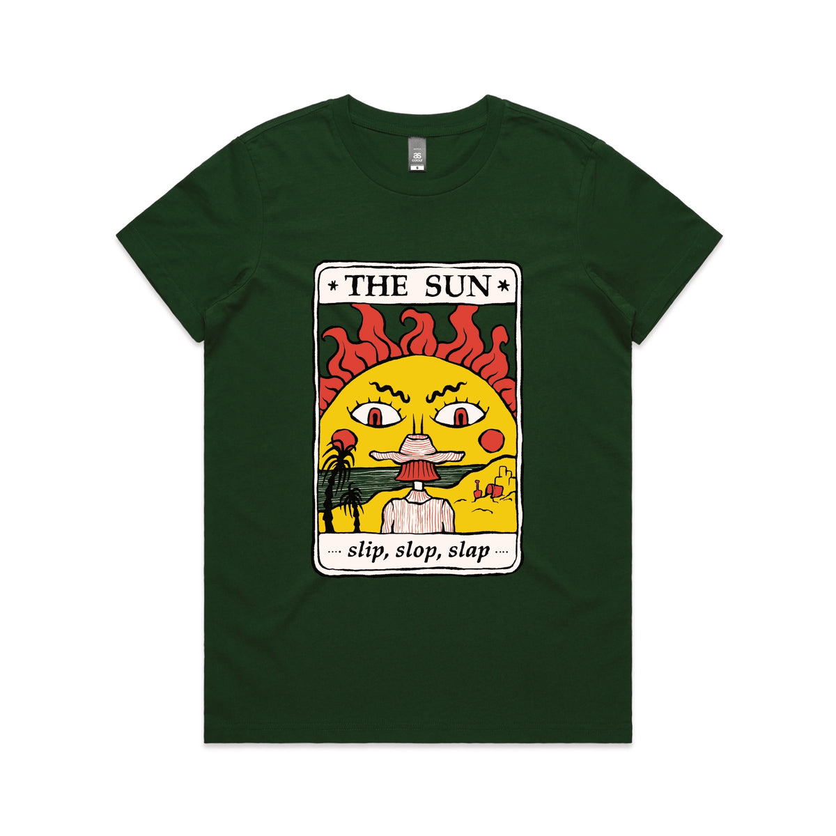 Forest Green fitted womens t-shirt with The Sun Tarot graphic by Lonely Kids Club