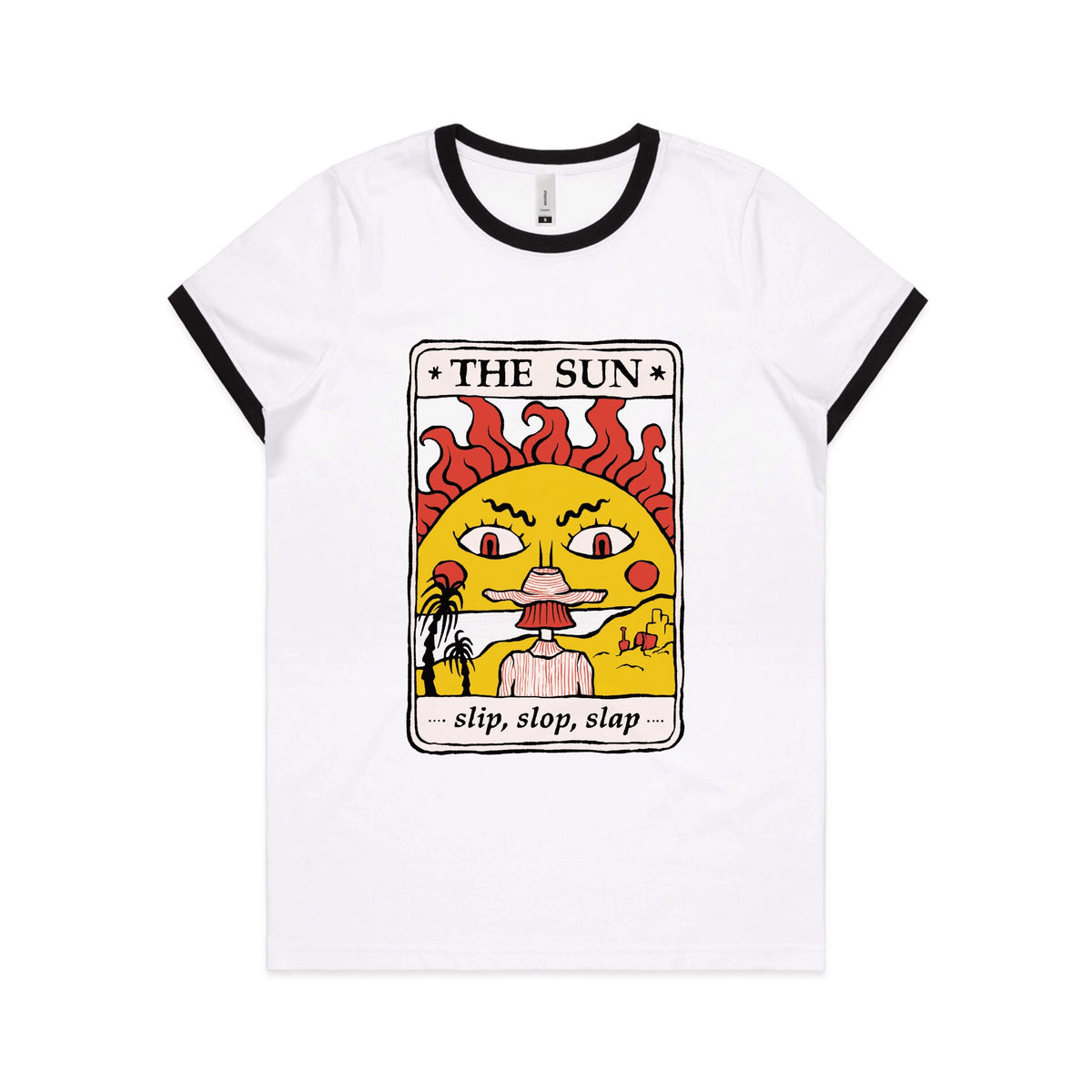 Black/White Ringer fitted womens t-shirt with The Sun Tarot graphic by Lonely Kids Club