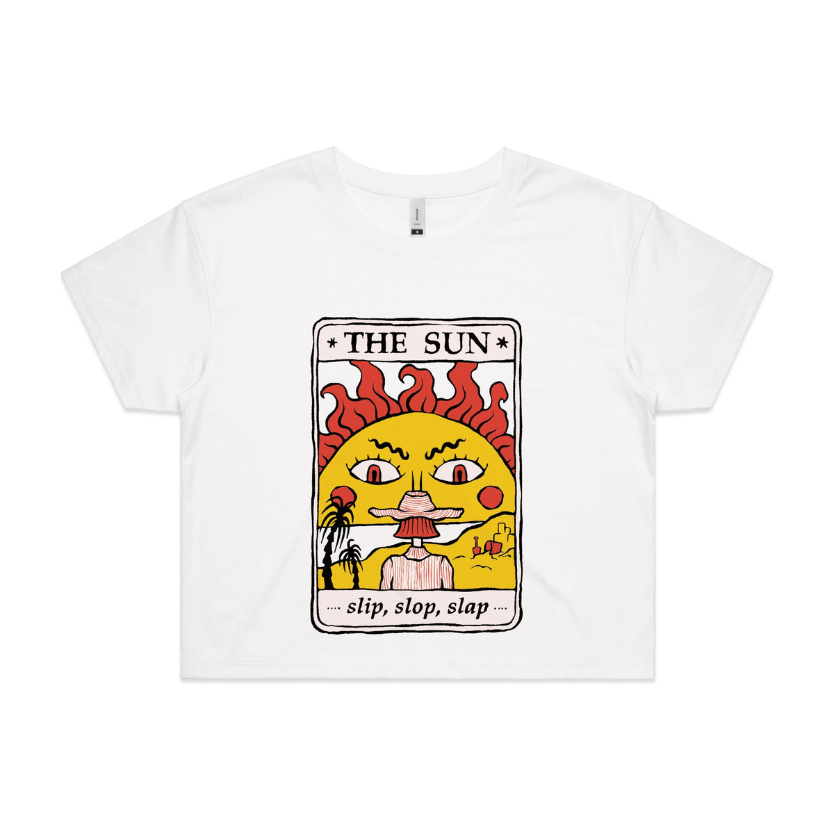 White crop top with The Sun Tarot graphic by Lonely Kids Club
