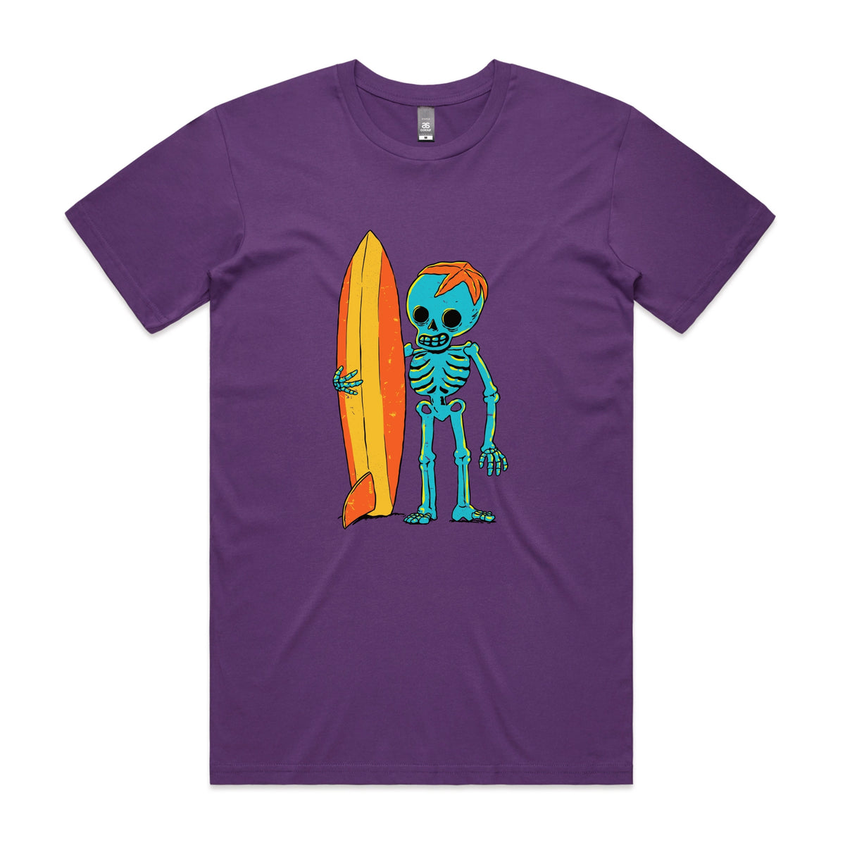 Purple unisex t-shirt with Skeleton Surfer graphic by Lonely Kids Club