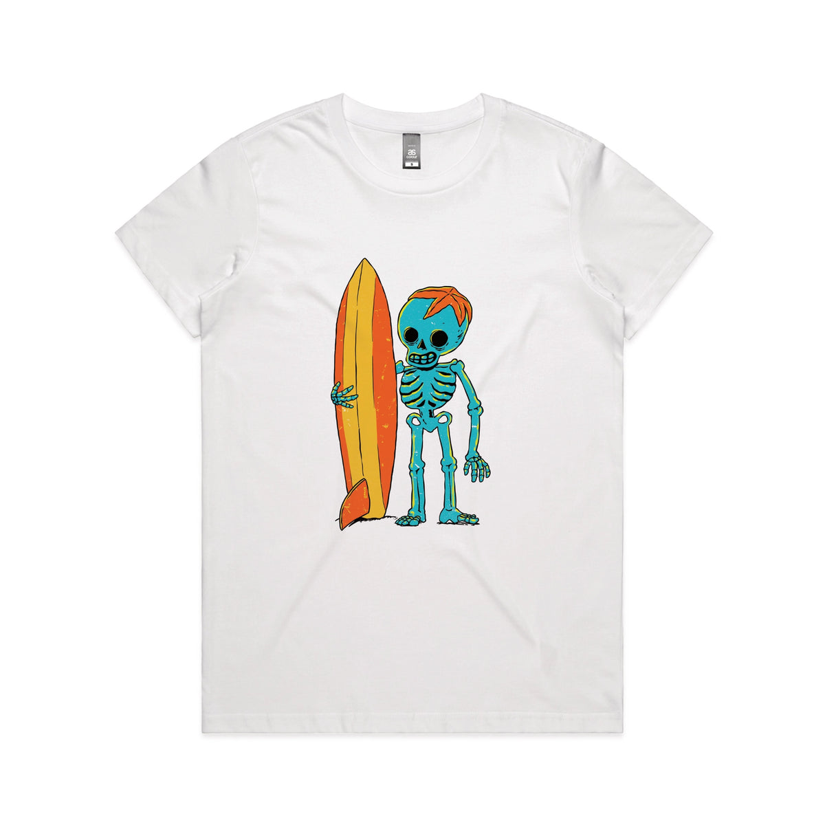 White fitted womens t-shirt with Skeleton Surfer graphic by Lonely Kids Club