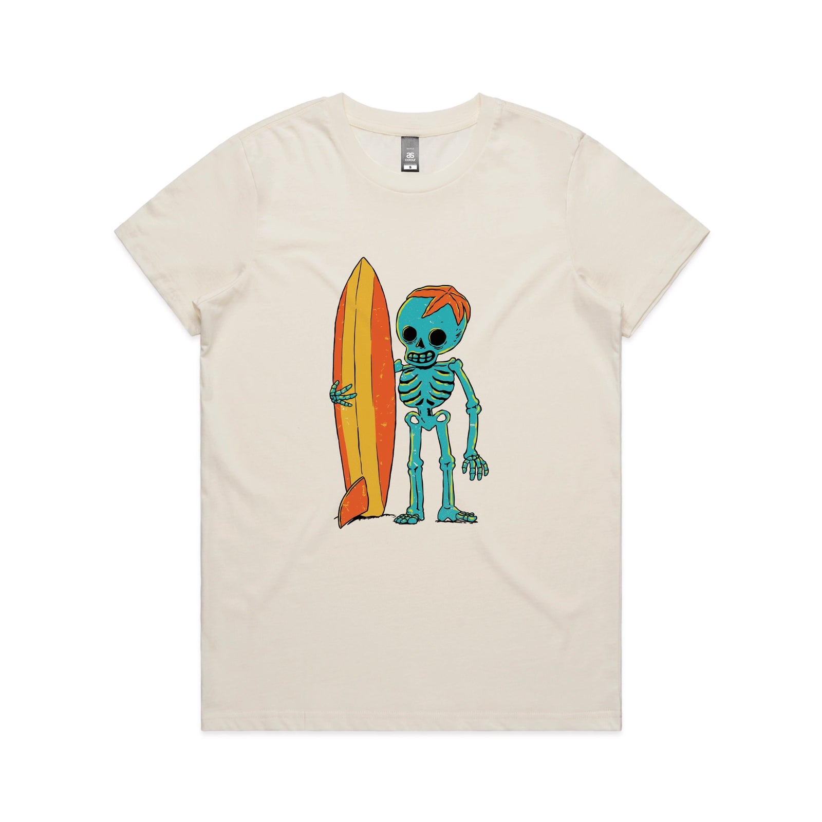 Ecru fitted womens t-shirt with Skeleton Surfer graphic by Lonely Kids Club