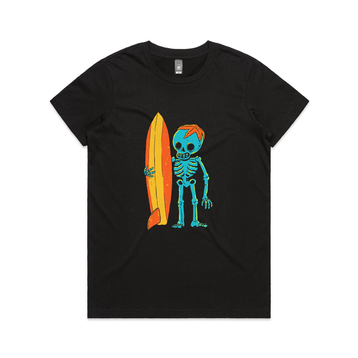Black fitted womens t-shirt with Skeleton Surfer graphic by Lonely Kids Club
