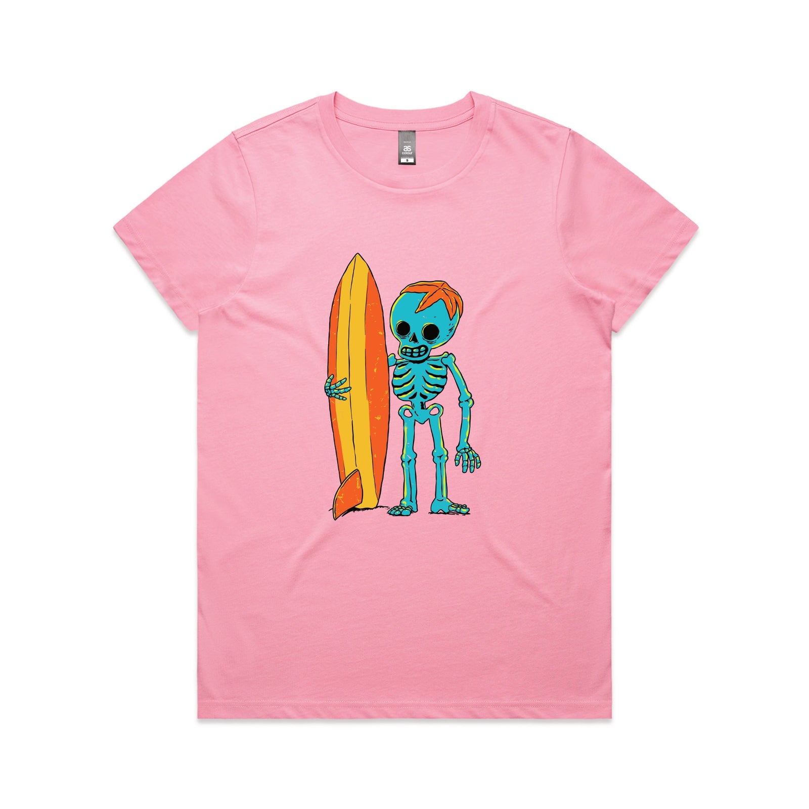Bubblegum fitted womens t-shirt with Skeleton Surfer graphic by Lonely Kids Club