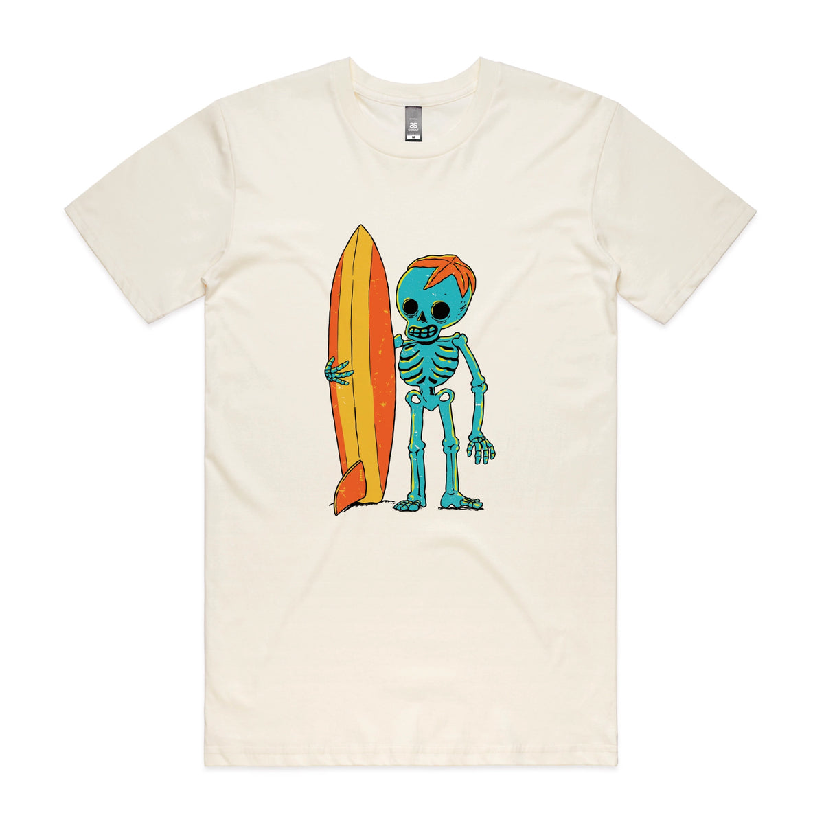 Ecru unisex t-shirt with Skeleton Surfer graphic by Lonely Kids Club