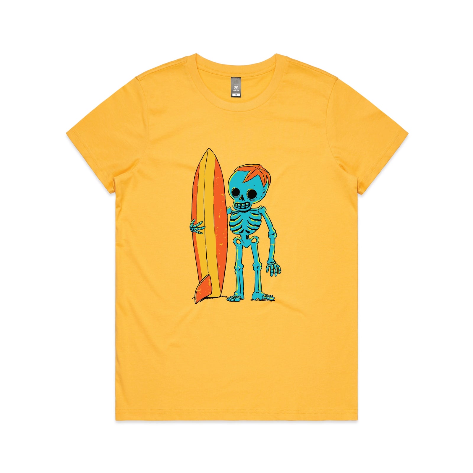 Yellow fitted womens t-shirt with Skeleton Surfer graphic by Lonely Kids Club