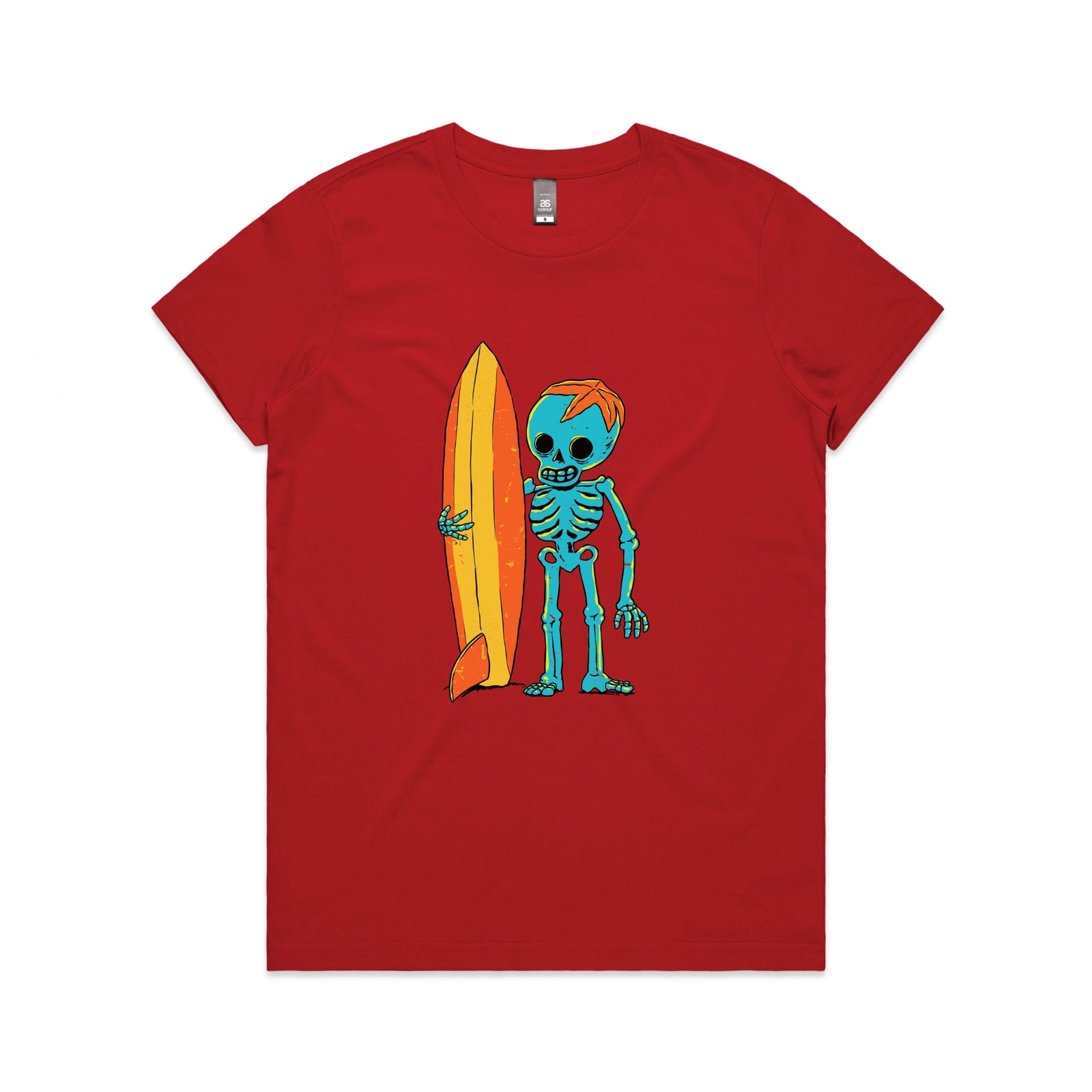 Red fitted womens t-shirt with Skeleton Surfer graphic by Lonely Kids Club