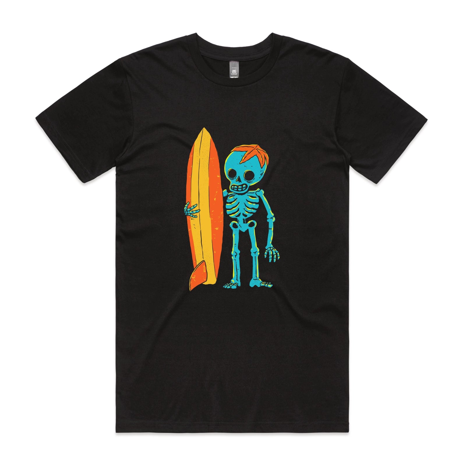 Black unisex t-shirt with Skeleton Surfer graphic by Lonely Kids Club