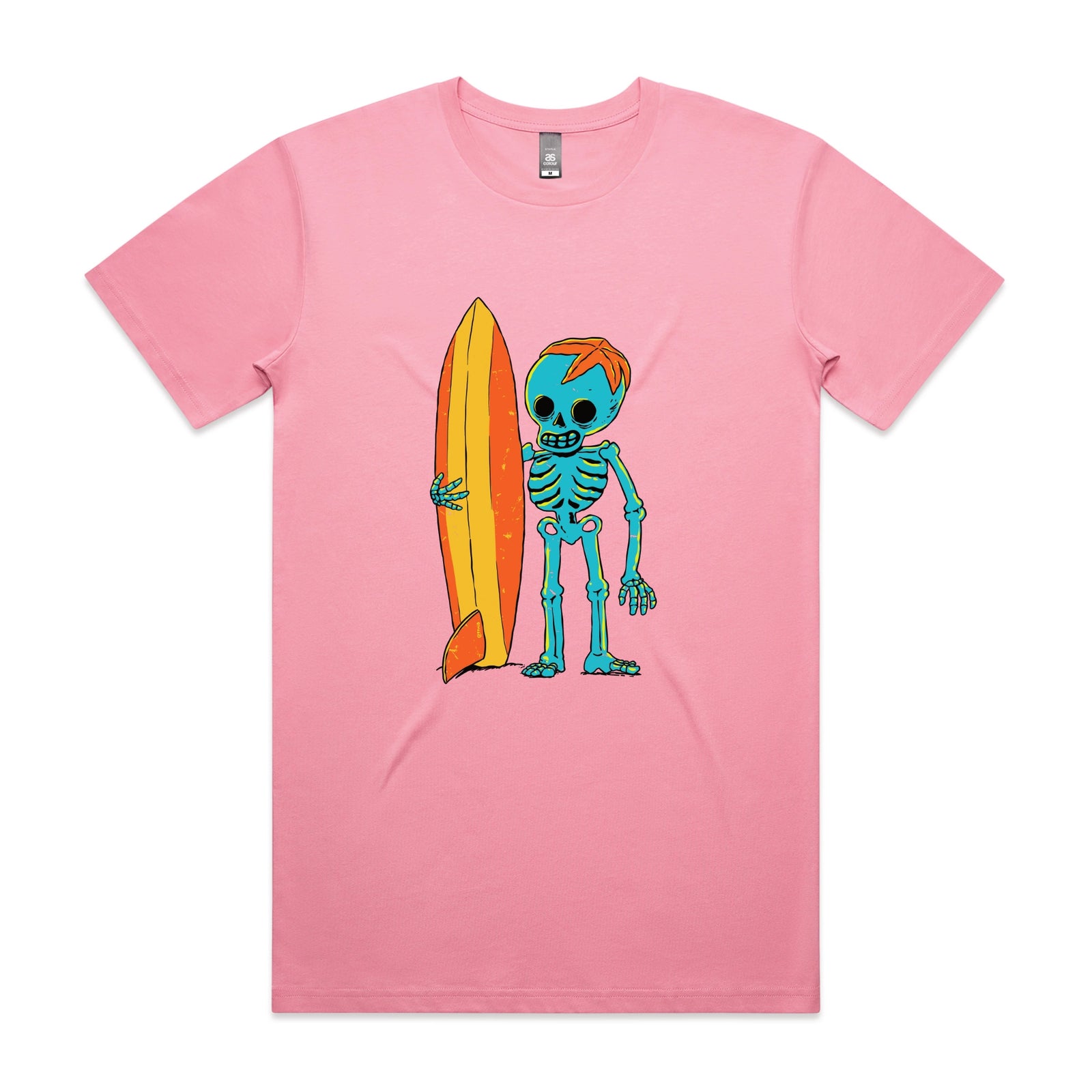 Bubblegum unisex t-shirt with Skeleton Surfer graphic by Lonely Kids Club
