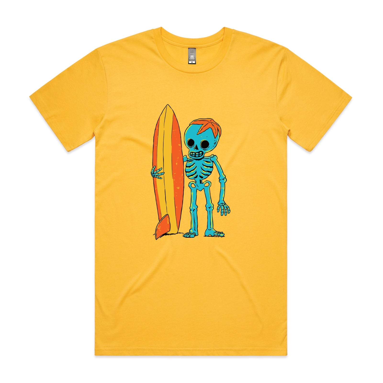 Yellow unisex t-shirt with Skeleton Surfer graphic by Lonely Kids Club