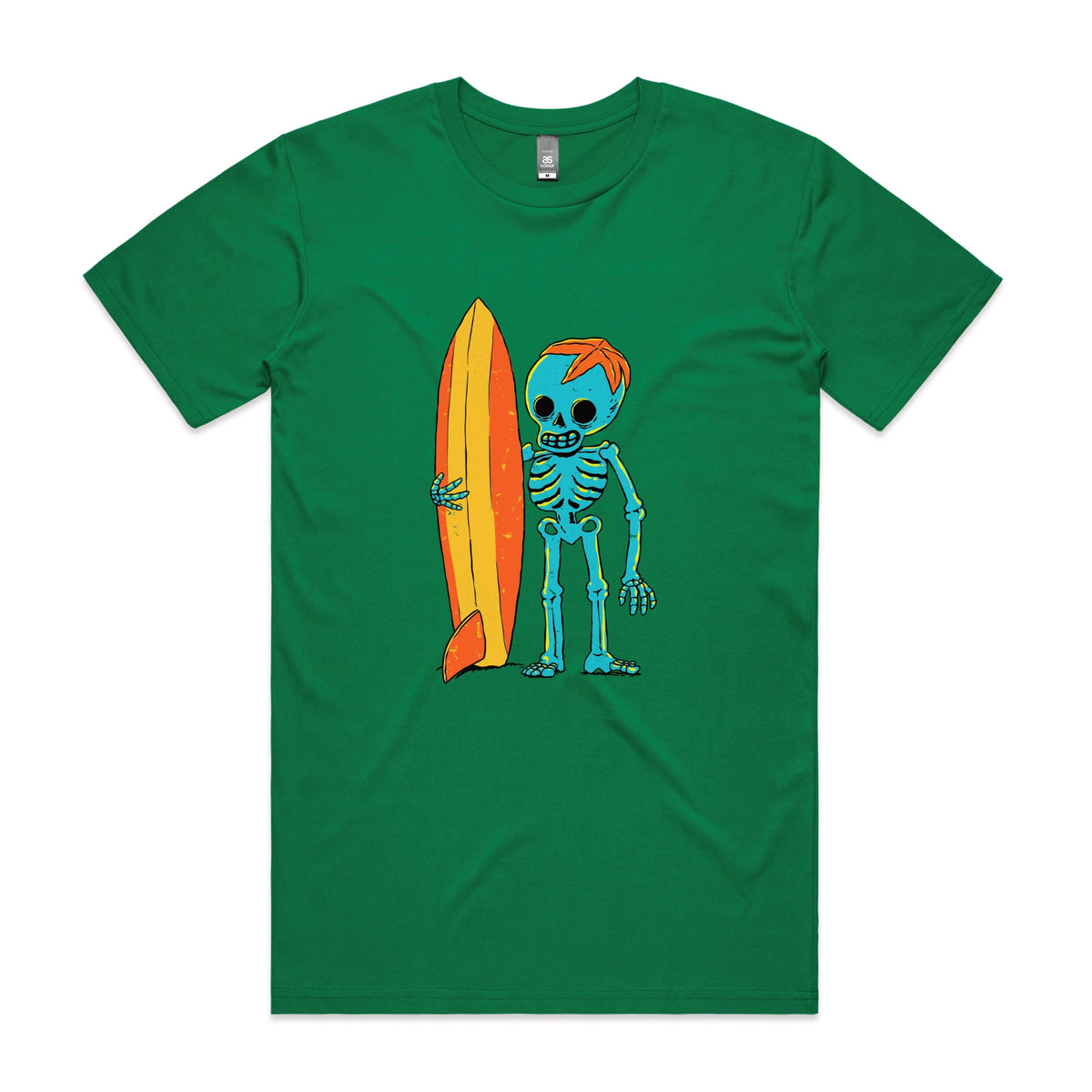 Green unisex t-shirt with Skeleton Surfer graphic by Lonely Kids Club