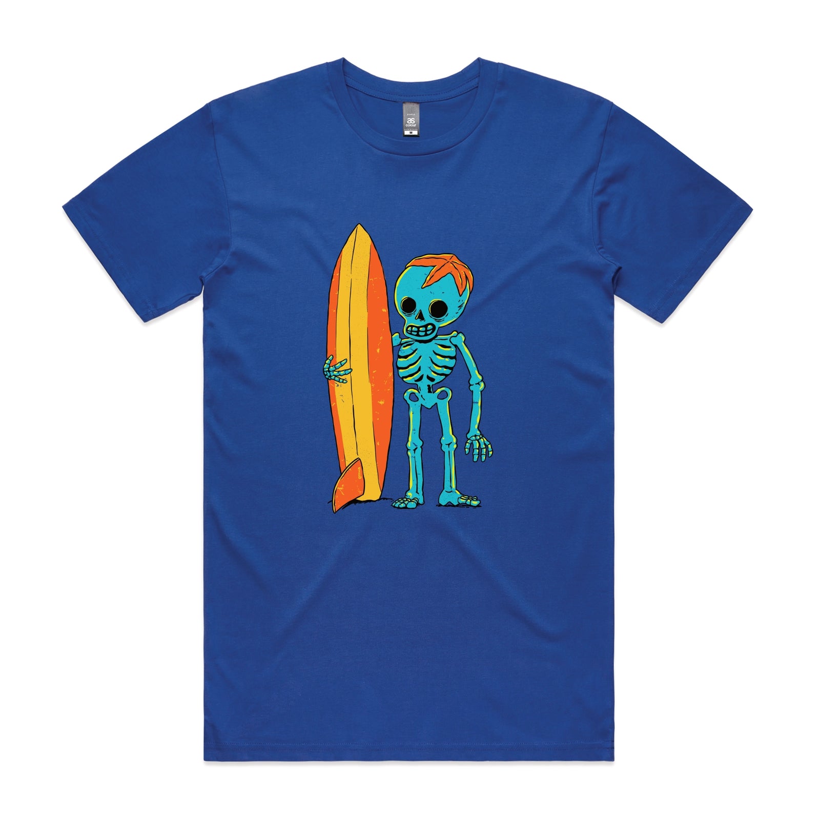 Royal Blue unisex t-shirt with Skeleton Surfer graphic by Lonely Kids Club