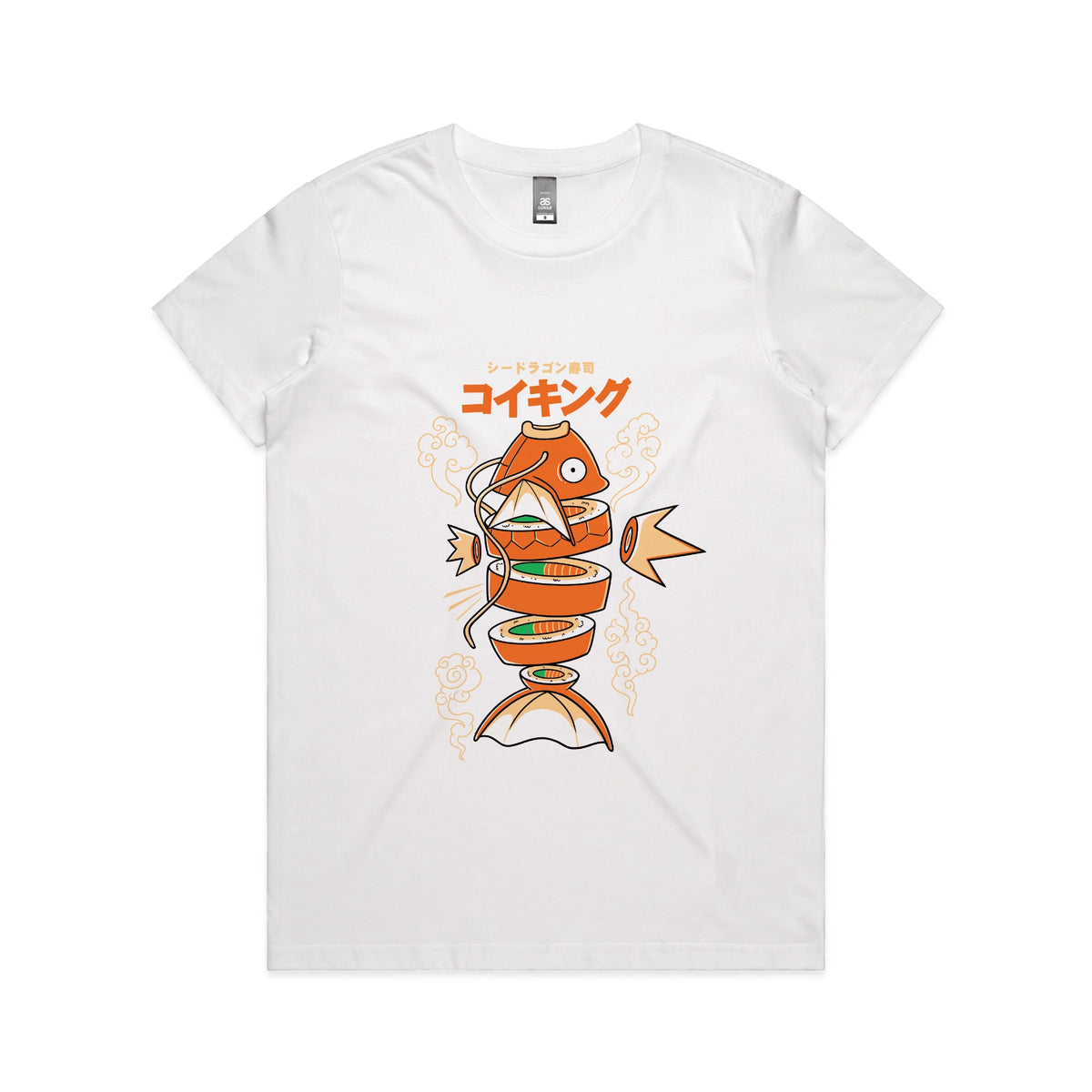 White fitted womens t-shirt with Sushi Karp graphic by Lonely Kids Club