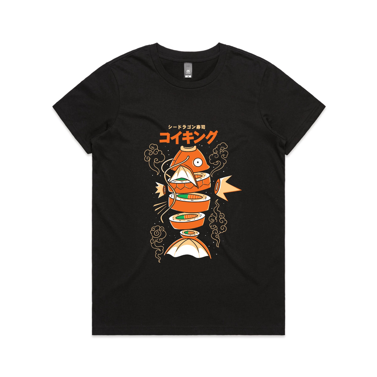 Black fitted womens t-shirt with Sushi Karp graphic by Lonely Kids Club