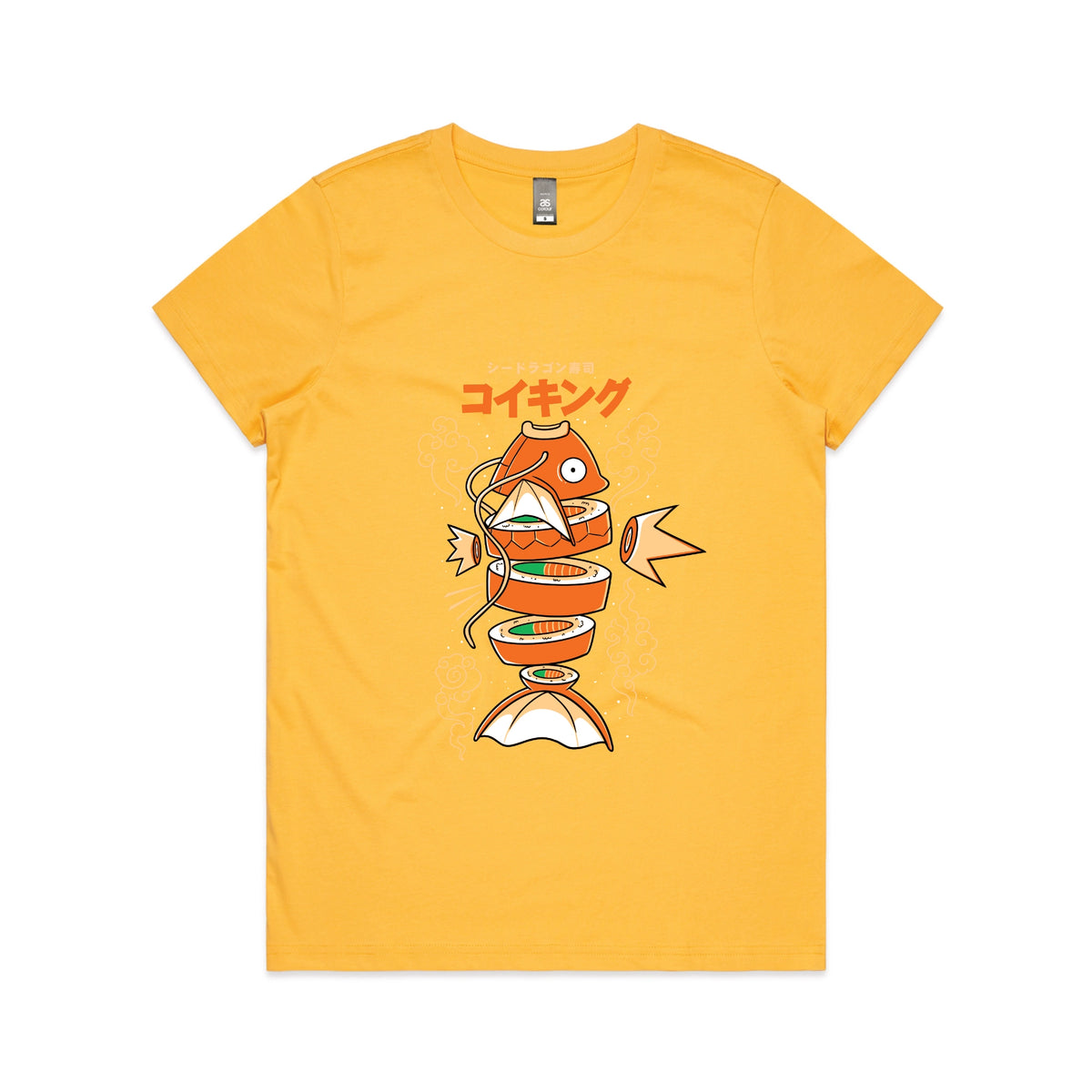 Yellow fitted womens t-shirt with Sushi Karp graphic by Lonely Kids Club
