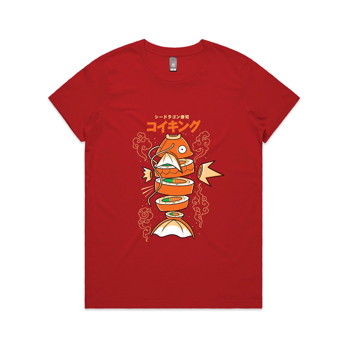 Red fitted womens t-shirt with Sushi Karp graphic by Lonely Kids Club
