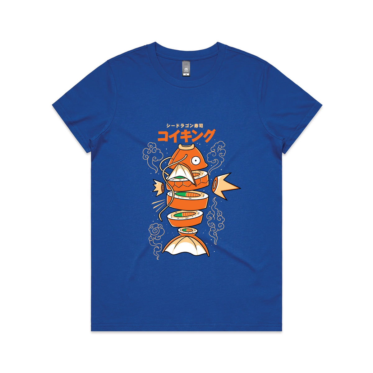 Royal Blue fitted womens t-shirt with Sushi Karp graphic by Lonely Kids Club