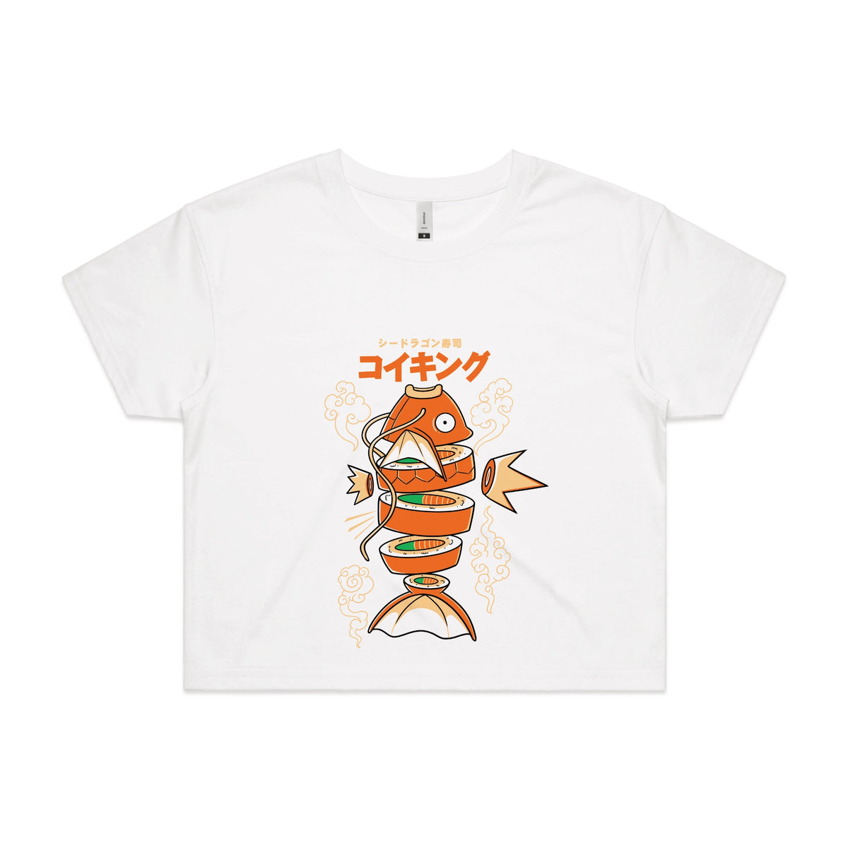White crop top with Sushi Karp graphic by Lonely Kids Club