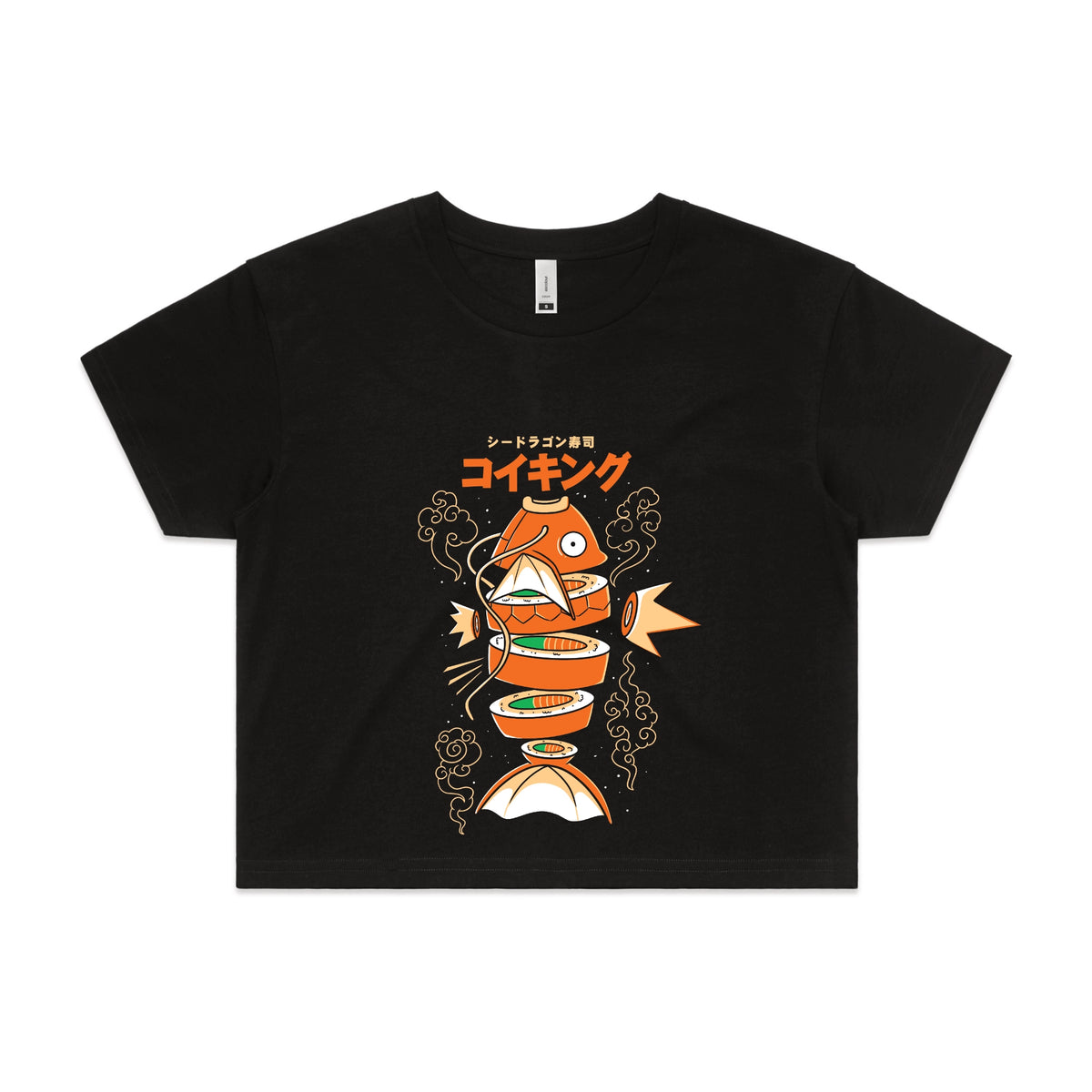 Black crop top with Sushi Karp graphic by Lonely Kids Club