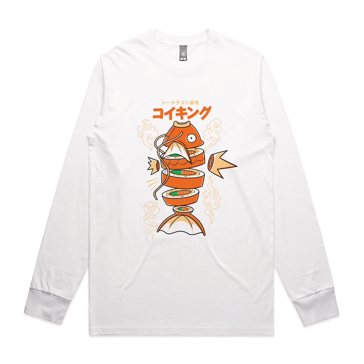 White long sleeve t-shirt with Sushi Karp graphic by Lonely Kids Club