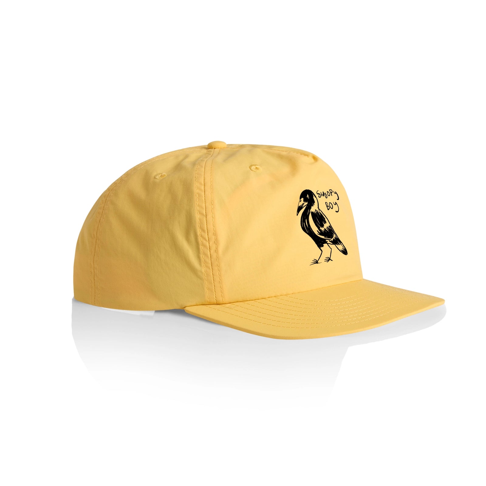 Yellow active cap with Swoopy Boy Hat graphic by Lonely Kids Club