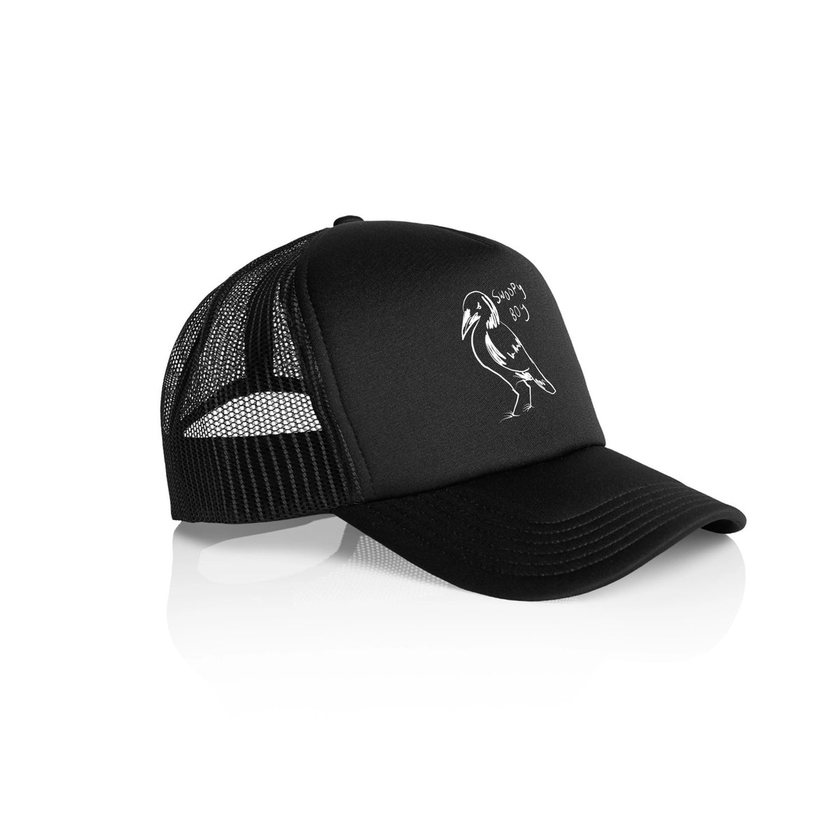 Black trucker cap with Swoopy Boy Hat graphic by Lonely Kids Club