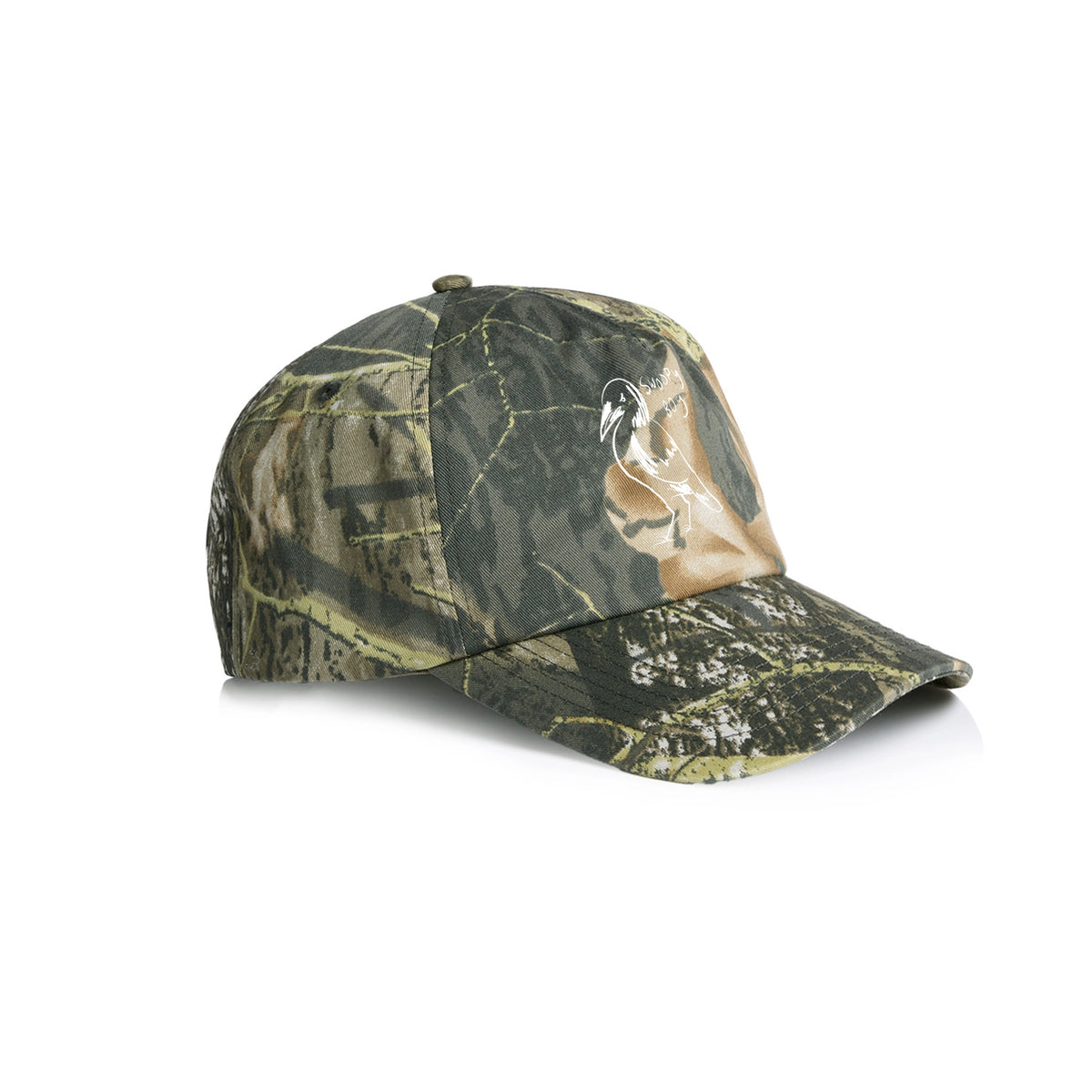 Camouflage trucker cap with Swoopy Boy Hat graphic by Lonely Kids Club