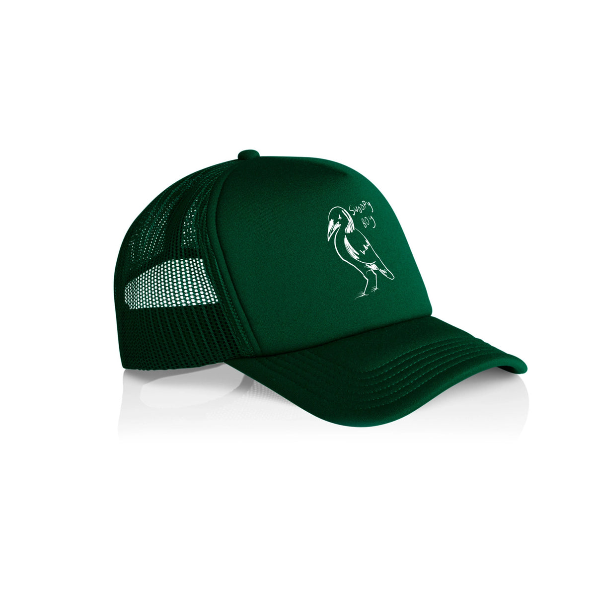 Forest Green trucker cap with Swoopy Boy Hat graphic by Lonely Kids Club