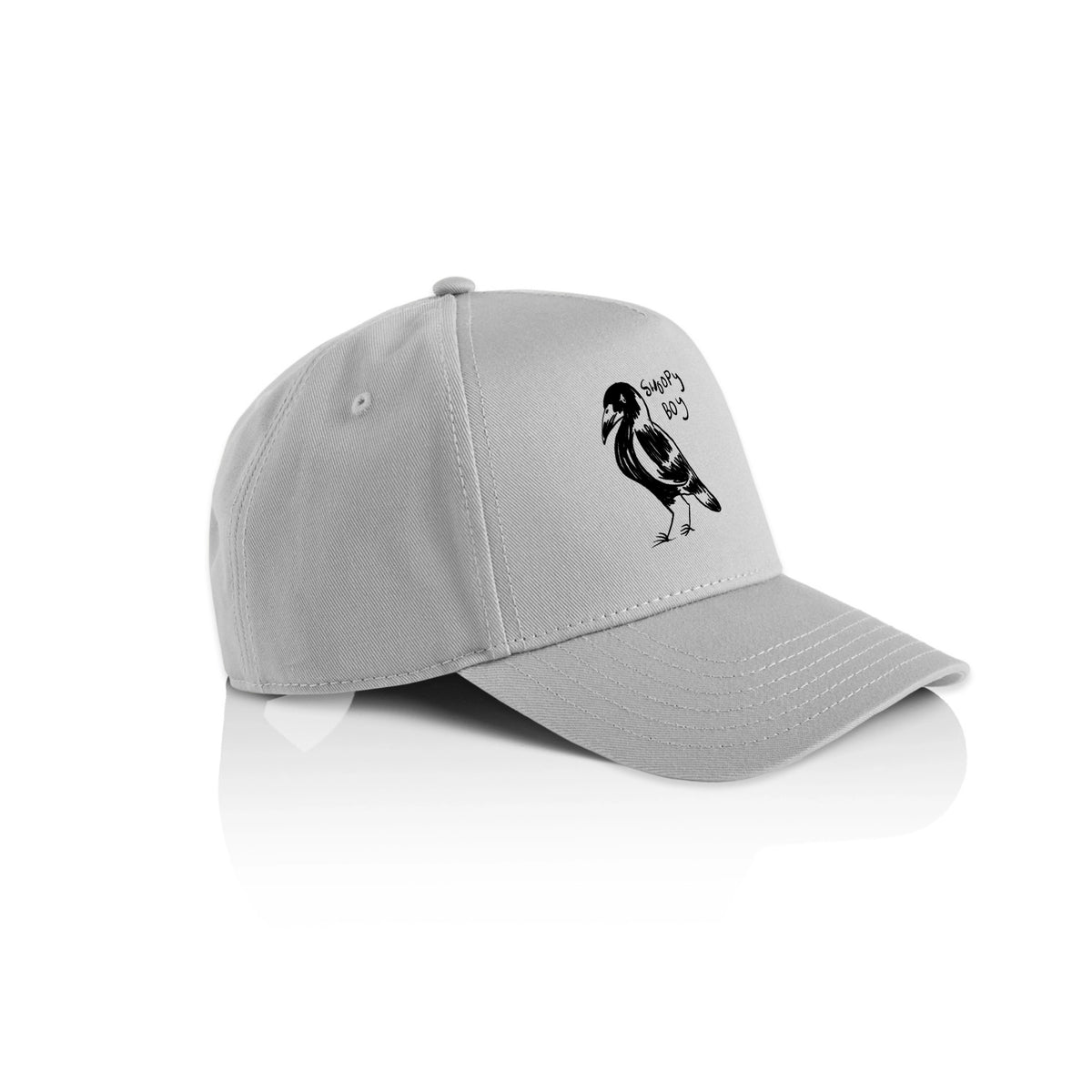 Grey trucker cap with Swoopy Boy Hat graphic by Lonely Kids Club