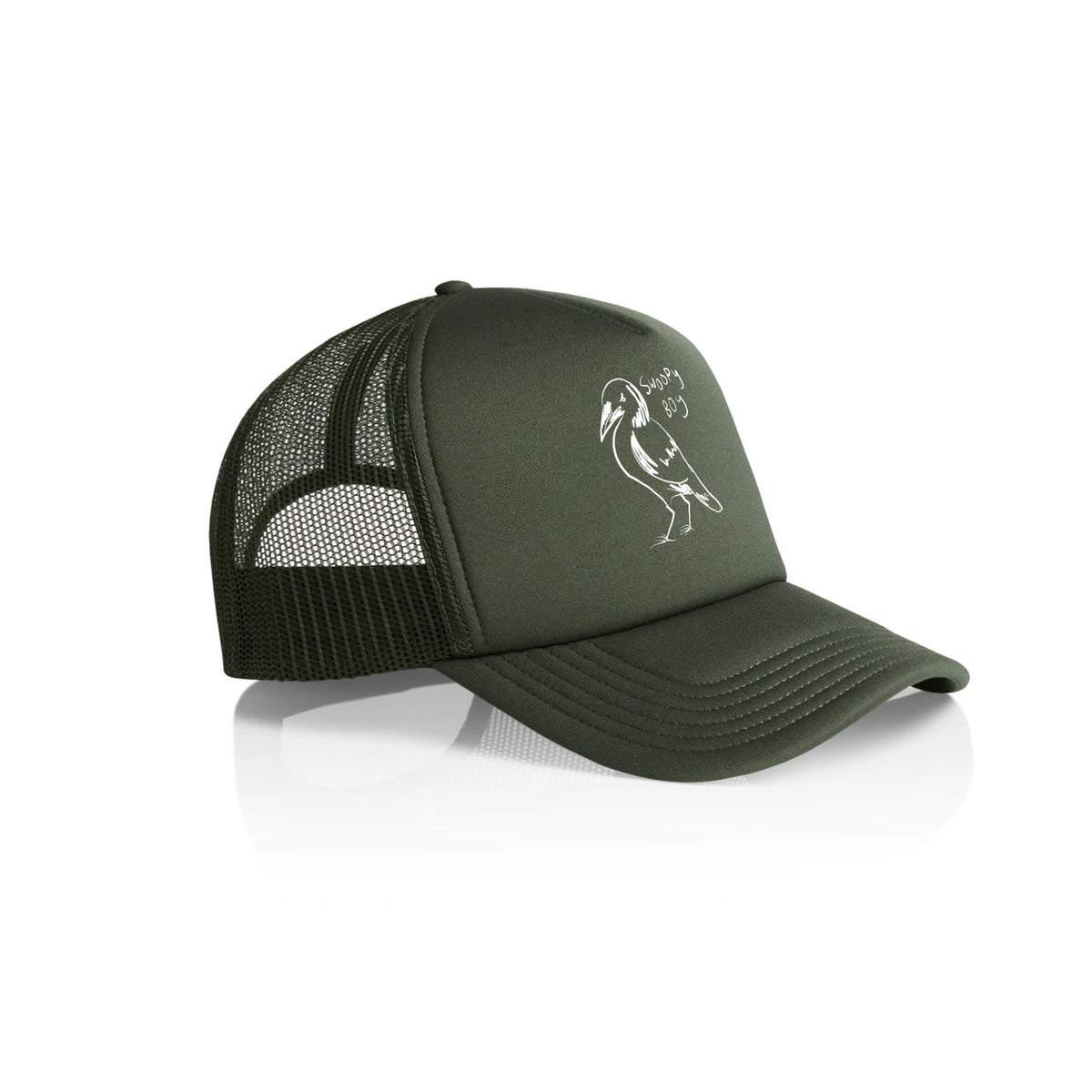 Army trucker cap with Swoopy Boy Hat graphic by Lonely Kids Club