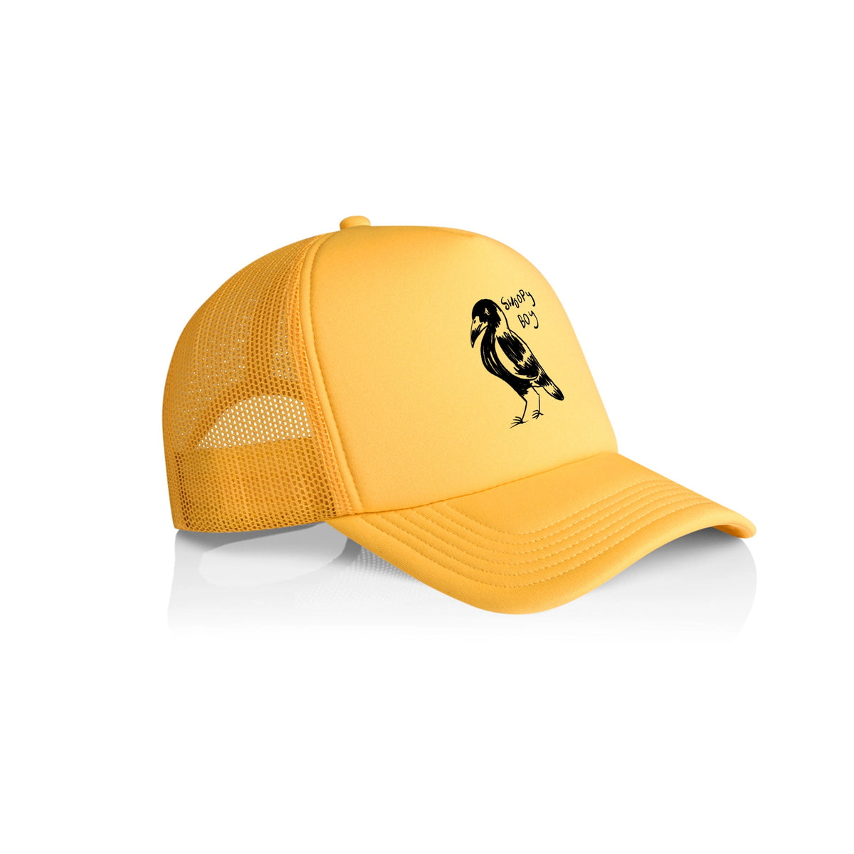 Yellow trucker cap with Swoopy Boy Hat graphic by Lonely Kids Club