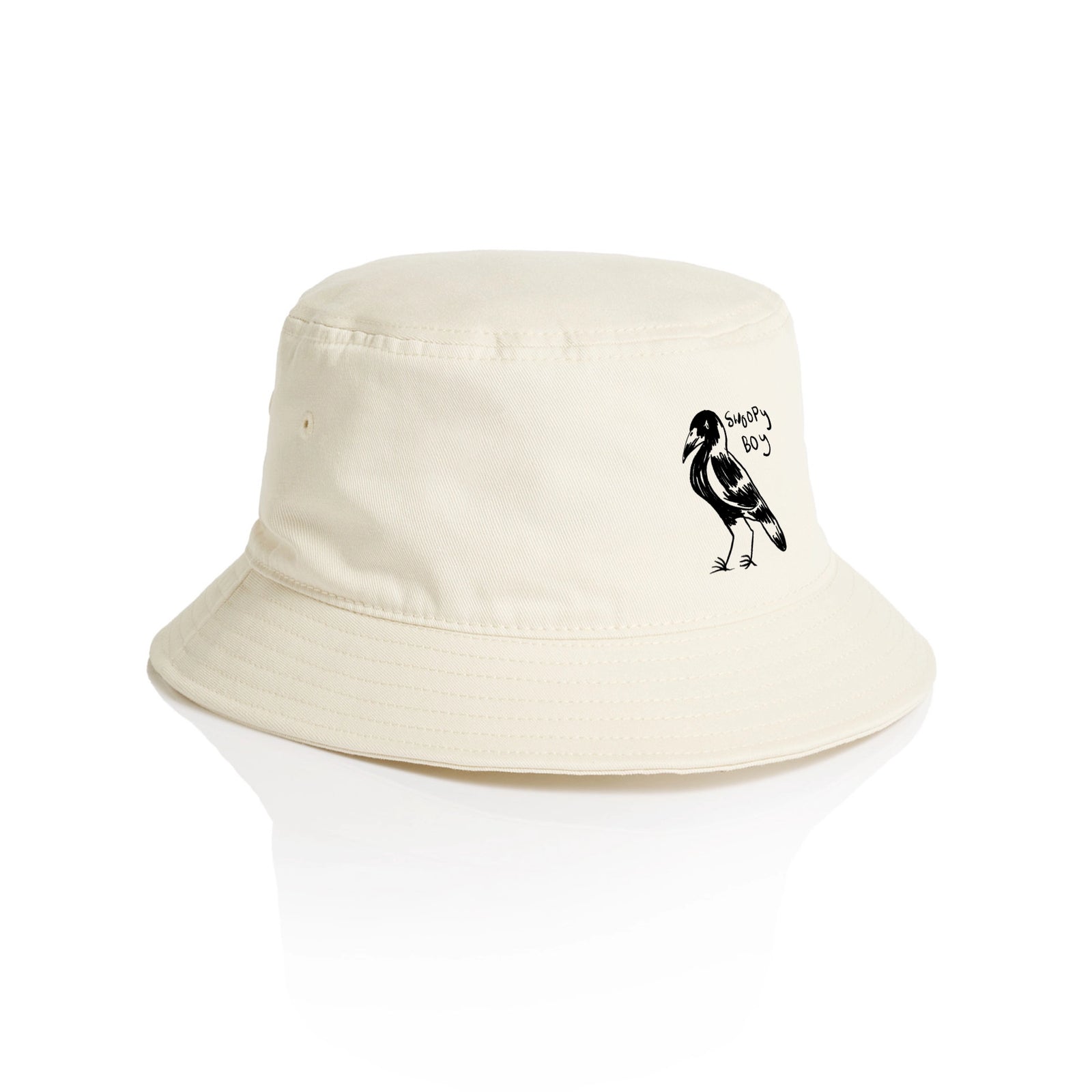 Ecru bucket hat with Swoopy Boy Hat graphic by Lonely Kids Club
