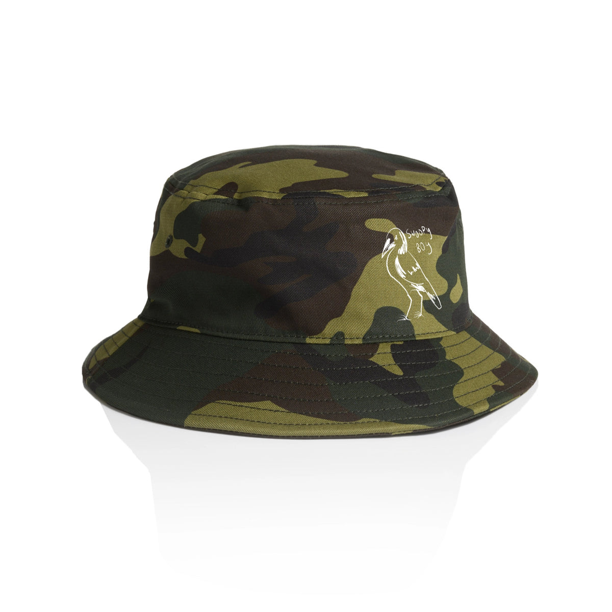 Camouflage bucket hat with Swoopy Boy Hat graphic by Lonely Kids Club