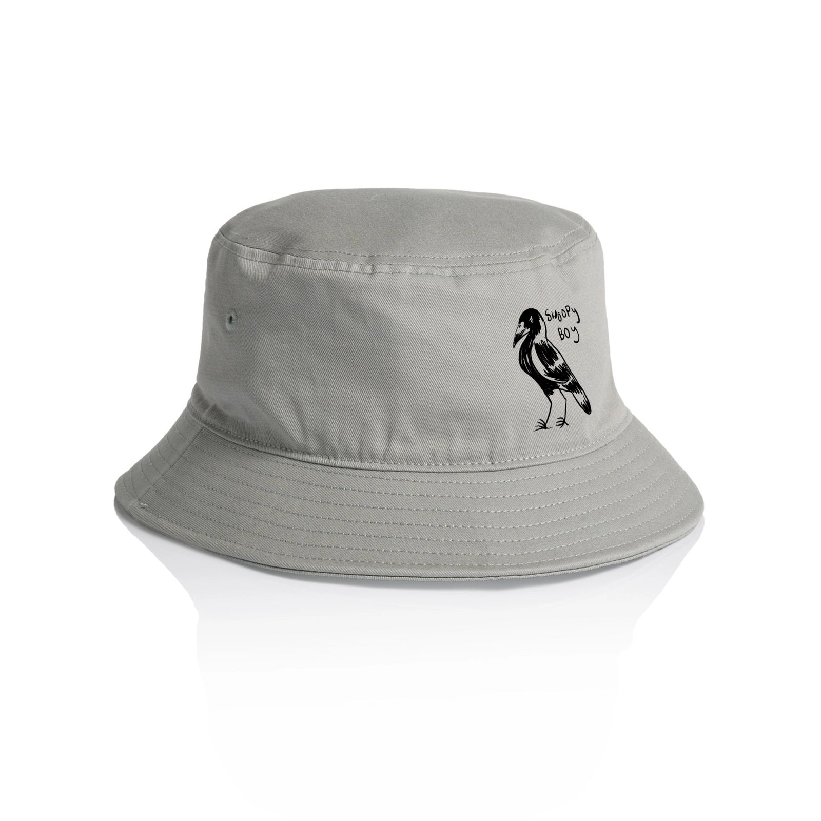 Grey bucket hat with Swoopy Boy Hat graphic by Lonely Kids Club